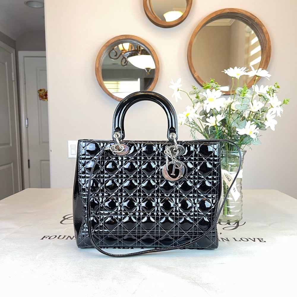 Christian Dior Black Patent Large lady Dior Shoulder Bag Satchel